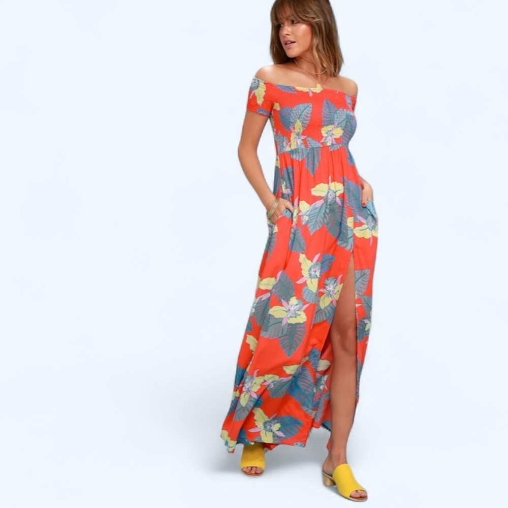 Lulus Patsy Red Tropical Smocked Bodice Maxi Dress - image 3